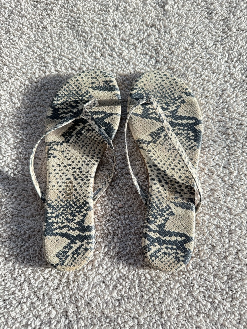 TKEES Beige and Black Snake-Print Thong Sandals